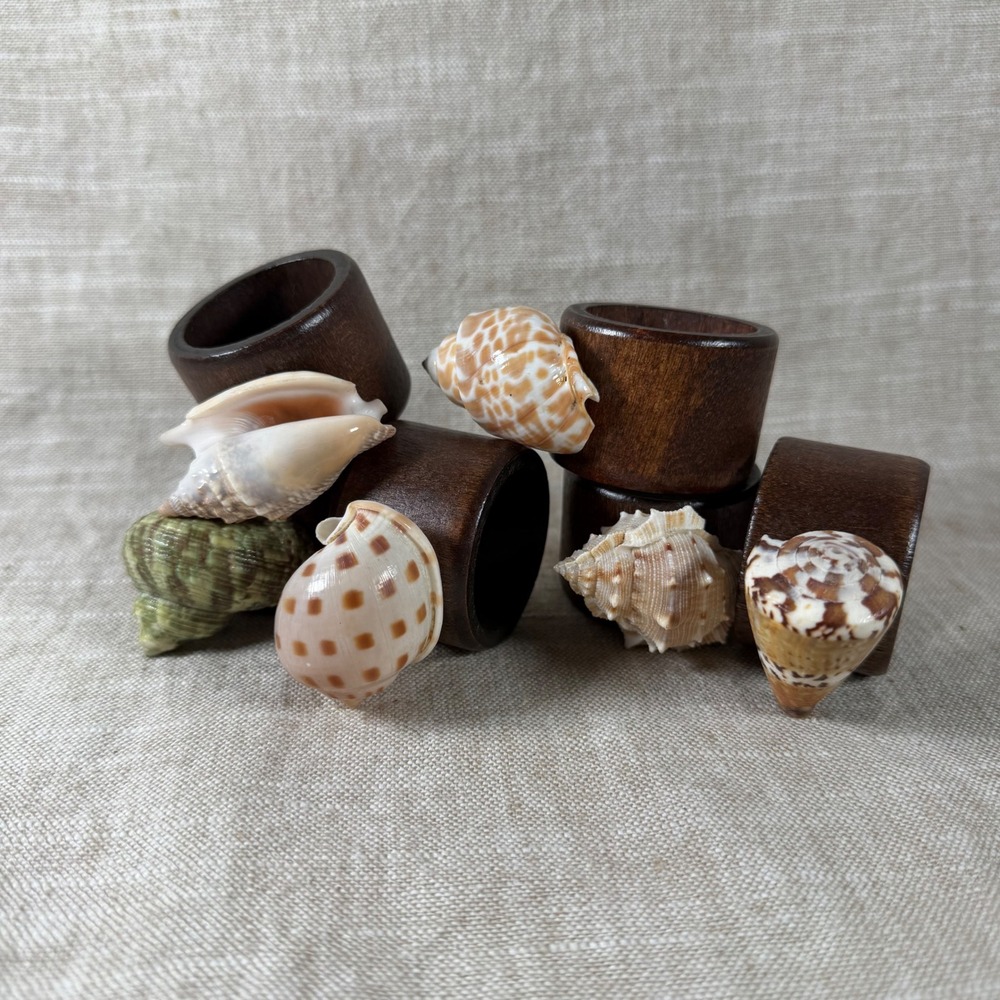 Vintage Seashell Napkin Rings Wood Coastal Nautical Table Decor Set